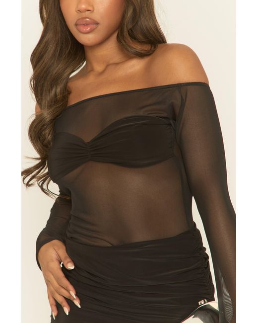 Rebellious Fashion Black Mesh Gathered Bust Bardot Mini Dress