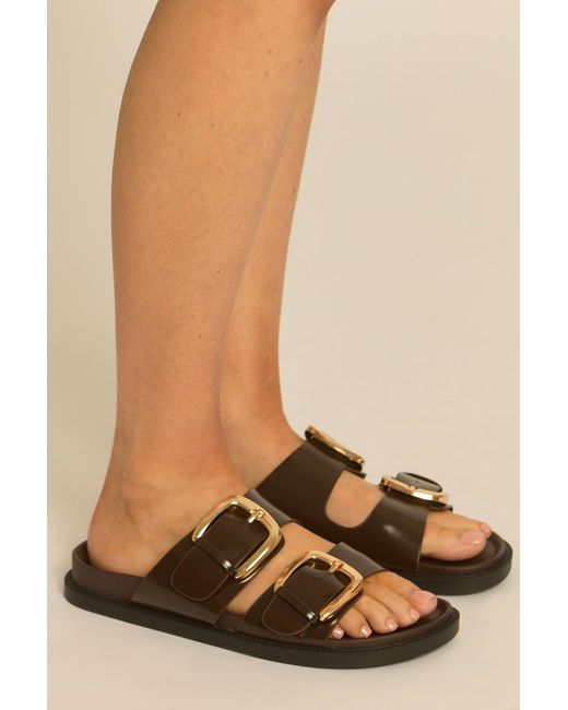 Rebellious Fashion Natural Faux Leather Buckle Detail Slider Sandals