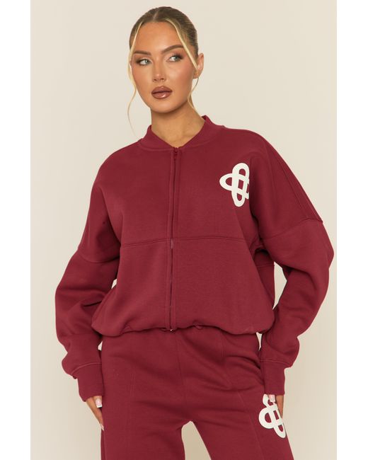 Rebellious Fashion Red Contrast Motif Zip Front Bomber And Joggers Loungewear Co-Ord Set