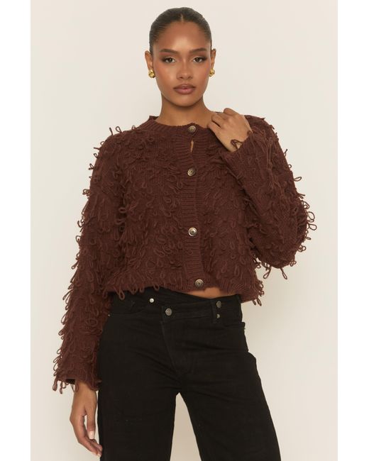 Rebellious Fashion Brown Loop Knit Fringe Button Up Cardigan