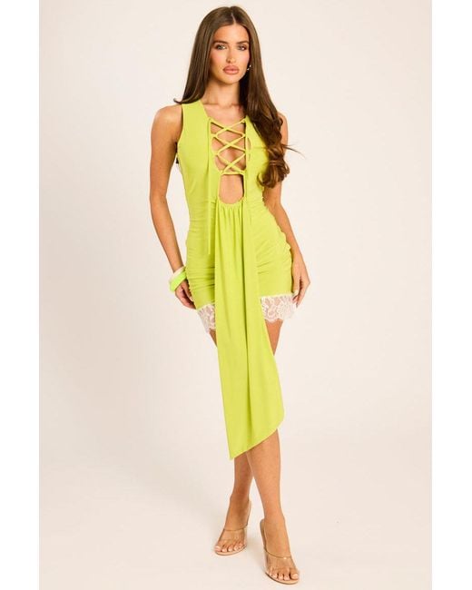 Rebellious Fashion Yellow Lace Detail Drape Mini Dress