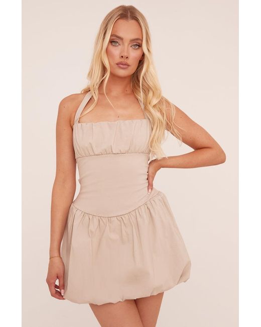 Rebellious Fashion Natural Ruched Halter Neck Puffball Mini Dress