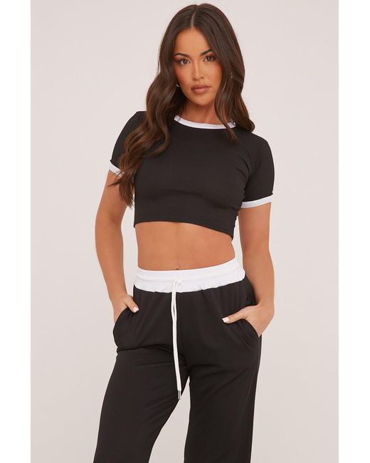 Rebellious Fashion Black Contrast Binding Cropped Top & Wide Leg Trousers Co-Ord Set