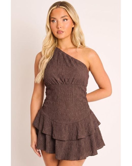 Rebellious Fashion Brown One Shoulder Textured Flippy Playsuit