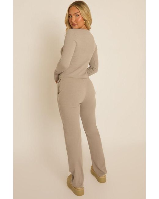 Rebellious Fashion Natural Ribbed Button Front Long Sleeve Top And Trouser Co-Ord