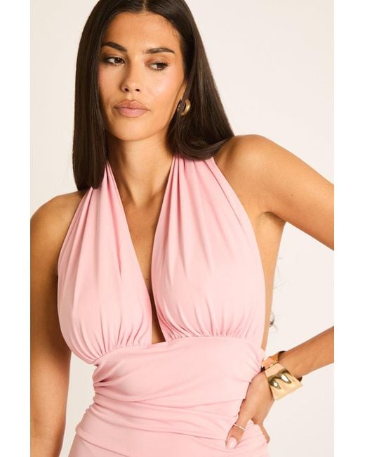Rebellious Fashion Pink Gathered Plunge Halterneck Playsuit