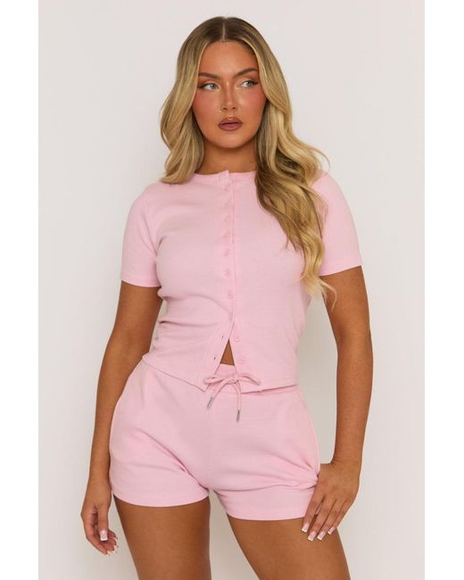 Rebellious Fashion Pink Rib Button Front Top And Short Loungewear Co-Ord Set