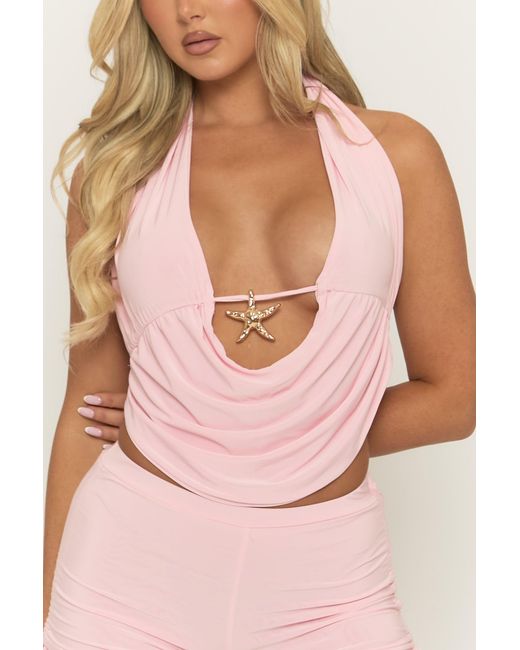 Rebellious Fashion Pink Starfish Trim Top And Ruched Short Co-Ord Set