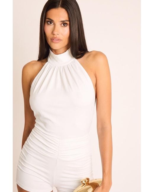 Rebellious Fashion White Tie Detail Ruched Halter Playsuit