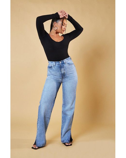 Rebellious Fashion Black Mid Wash Straight Leg Side Split Hem Jeans