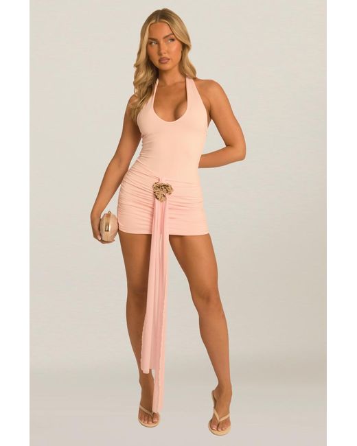 Rebellious Fashion Natural Draped Sash Mini Dress