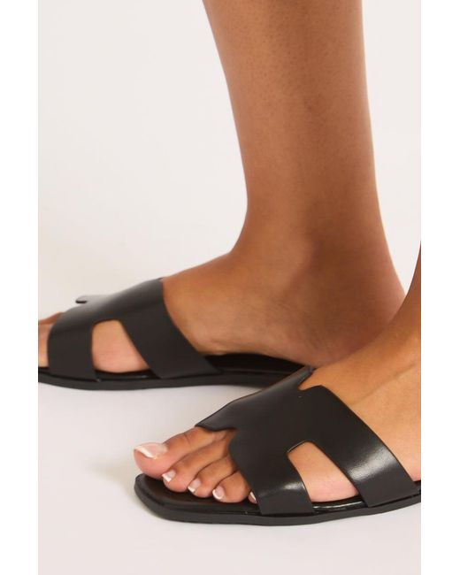 Rebellious Fashion Black Faux Leather Caged Flat Slider Sandals