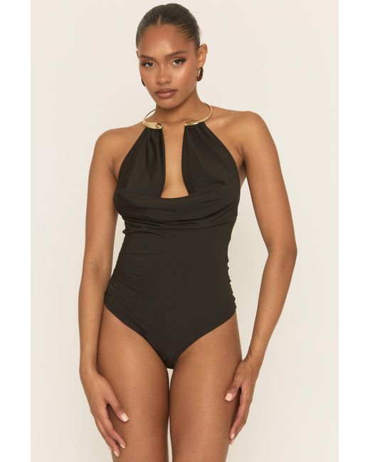 Rebellious Fashion Black Trim Cowl Neck Bodysuit