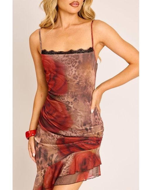 Rebellious Fashion Red Print Lace Trim Asymmetric Mesh Mini Dress