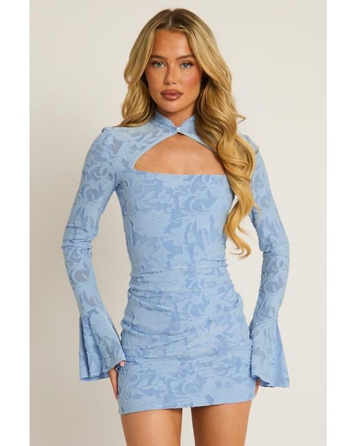 Rebellious Fashion Blue Burnout Floral Flare Sleeve Mini Dress