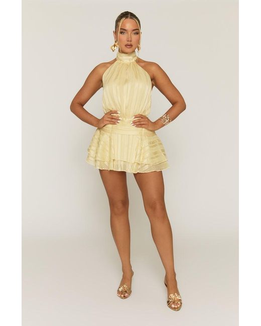 Rebellious Fashion Natural Halterneck Blouson Ruffle Mini Dress
