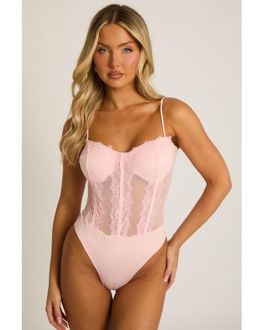 Rebellious Fashion Pink Lace Corset Detail Bodysuit