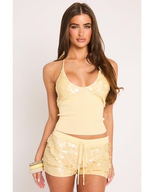 Rebellious Fashion Natural Knit Sequin Halter Top And Shorts Set