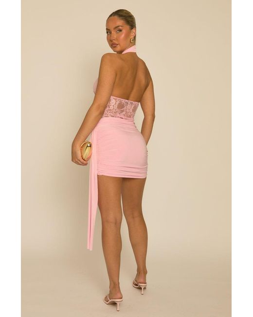 Rebellious Fashion Natural Lace Insert Tie Side Mini Dress