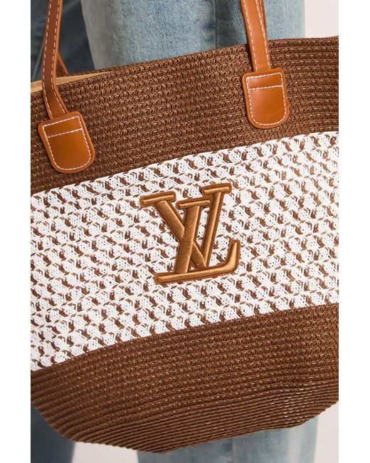 Rebellious Fashion Blue Logo Colour Block Woven Raffia Tote Bag