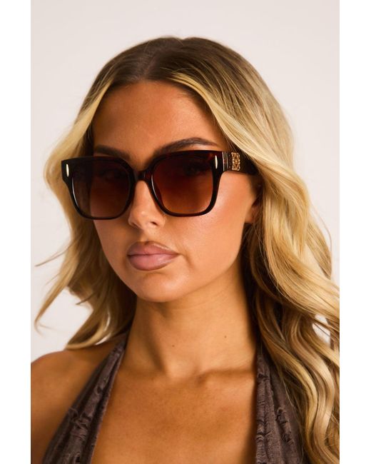 Rebellious Fashion Brown Tortoise Shell Logo Detail Oversized Square Sunglasses