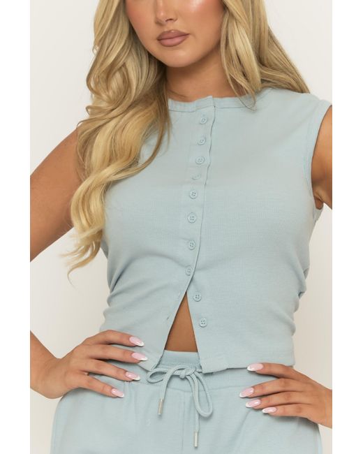Rebellious Fashion Blue Light Sleeveless Button Front Rib Top And Short Co-Ord Set