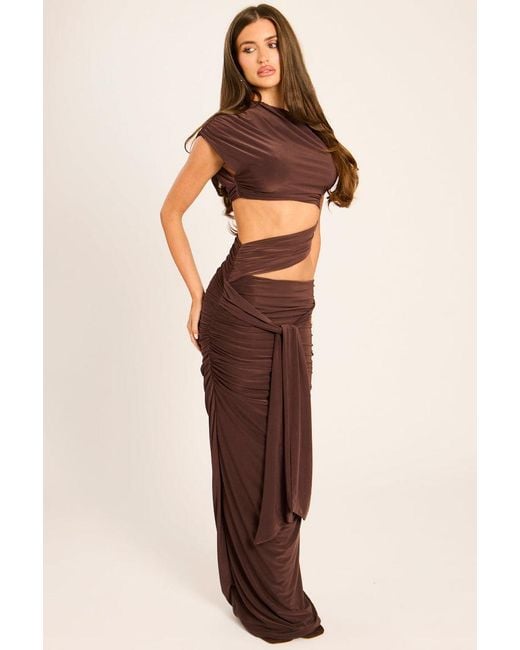 Rebellious Fashion Brown One Shoulder Cut Out Drape Mini Dress