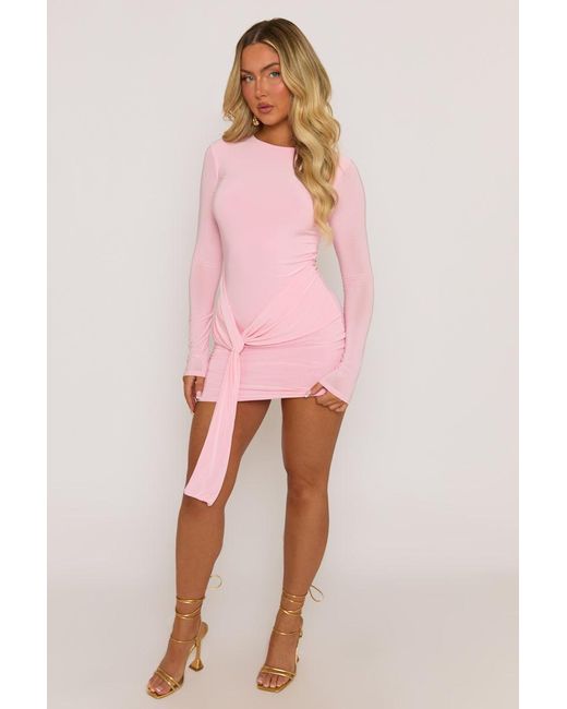 Rebellious Fashion Pink Knot Front Long Sleeve Mini Dress