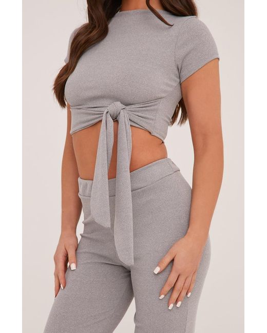 Rebellious Fashion Gray Tie Front Cropped Top & Trousers Co-Ord Set