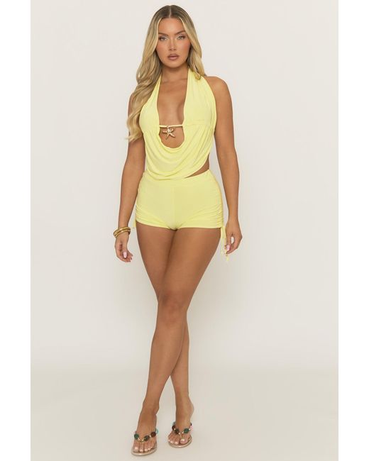Rebellious Fashion Yellow Starfish Trim Top And Ruched Short Co-Ord Set
