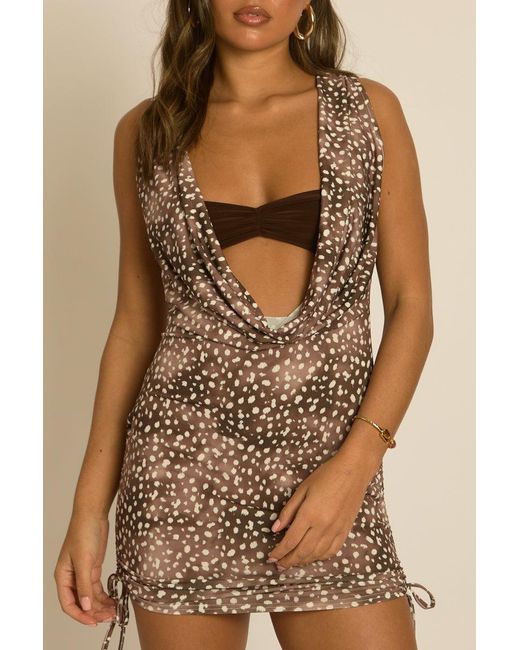 Rebellious Fashion Brown Bambi Print Cowl Mini Dress