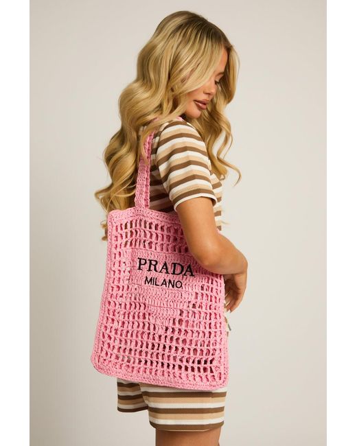 Rebellious Fashion Pink Logo Detail Raffia Tote Bag