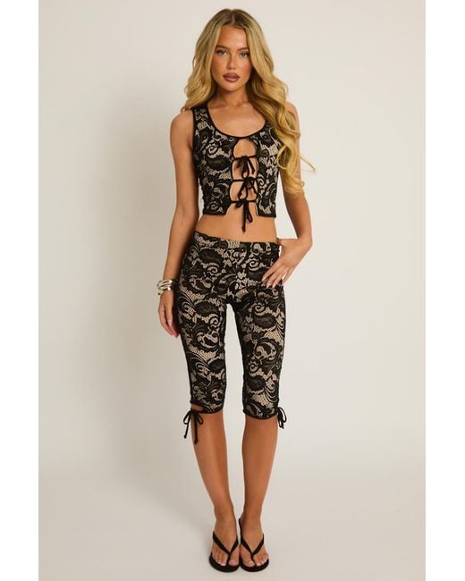 Rebellious Fashion Black Lace Tie Front Top And Capri Pants Co-Ord Set