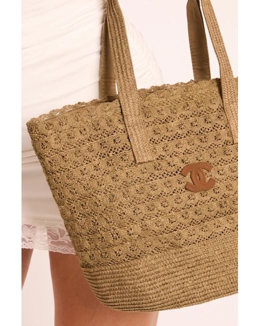 Rebellious Fashion Natural Logo Detail Woven Tote Bag
