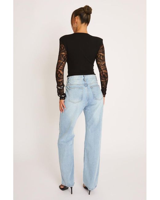 Rebellious Fashion Black Shoulder Pad Lace Long Sleeve Bodysuit