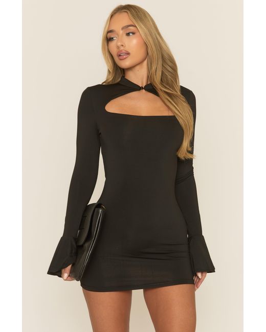 Rebellious Fashion Black High Neck Long Sleeve Mini Dress