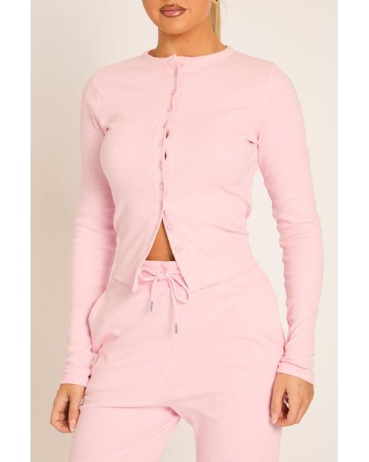Rebellious Fashion Pink Button Front Long Sleeve Top And Trouser Loungewear Co-Ord Set