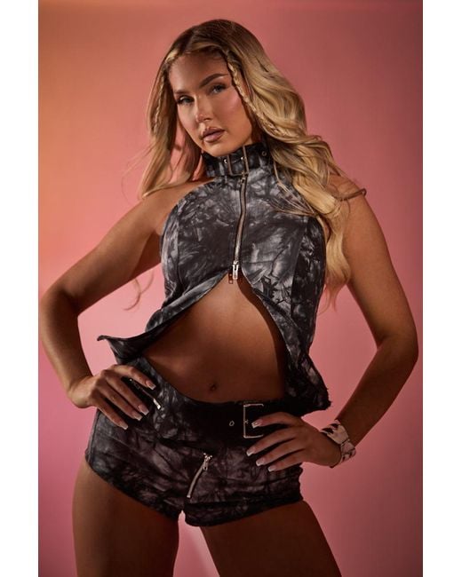Rebellious Fashion Multicolor Acid Wash Buckle Detail Micro Short