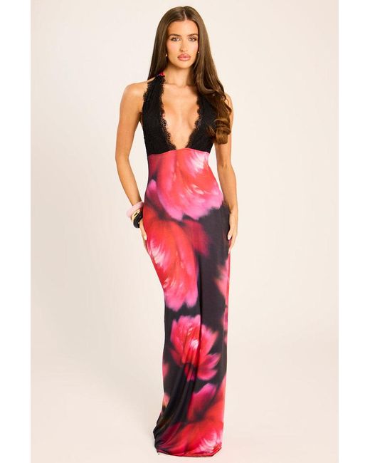 Rebellious Fashion Red Lace Cup Floral Maxi Dress
