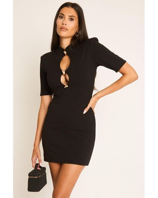 Rebellious Fashion Black Shoulder Pad Trim Detail Mini Dress