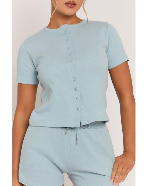 Rebellious Fashion Blue Light Rib Button Front Top And Short Loungewear Co-Ord Set