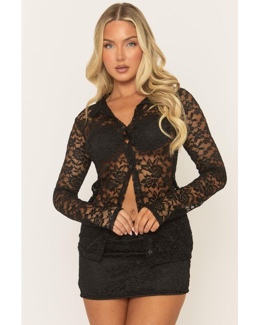 Rebellious Fashion Black Lace Button Front Shirt And Mini Skirt Co-Ord Set