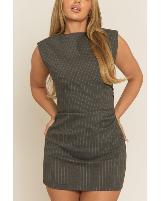 Rebellious Fashion Gray Pinstripe Shoulder Pad Mini Dress