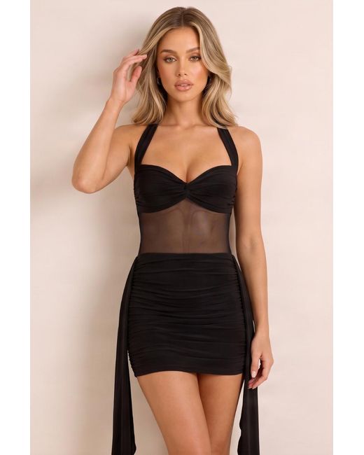 Rebellious Fashion Natural Slinky Mesh Insert Halterneck Mini Dress