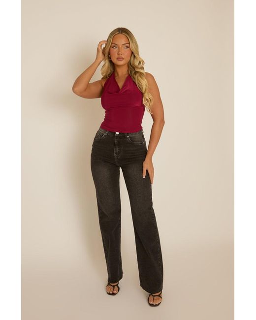 Rebellious Fashion Red Wine Slinky Plunge Halter Top
