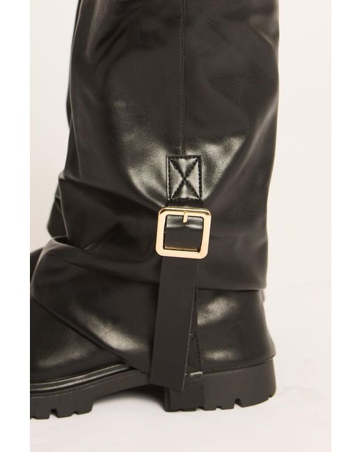 Rebellious Fashion Black Pu Slouchy Layered Buckle Long Biker Boots