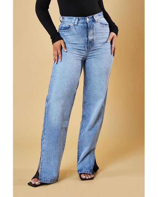 Rebellious Fashion Black Mid Wash Straight Leg Side Split Hem Jeans