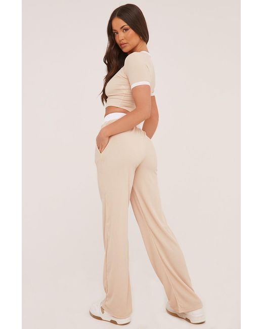 Rebellious Fashion Natural Contrast Binding Cropped Top & Wide Leg Trousers Co-Ord Set
