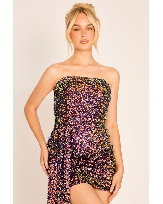 Rebellious Fashion Pink Multi Sequin Bandeau Drape Mini Dress