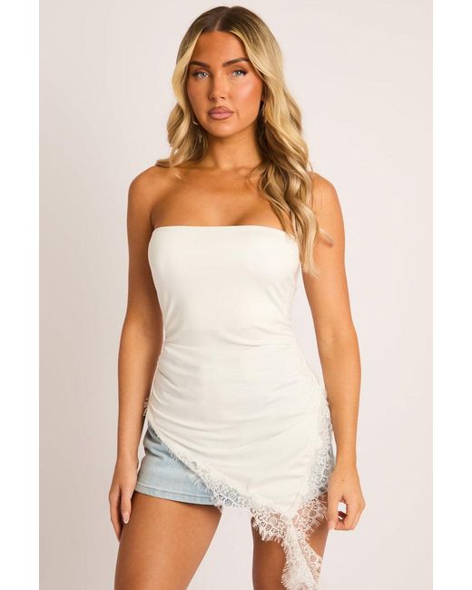 Rebellious Fashion White Asymmetric Lace Trim Bandeau Top